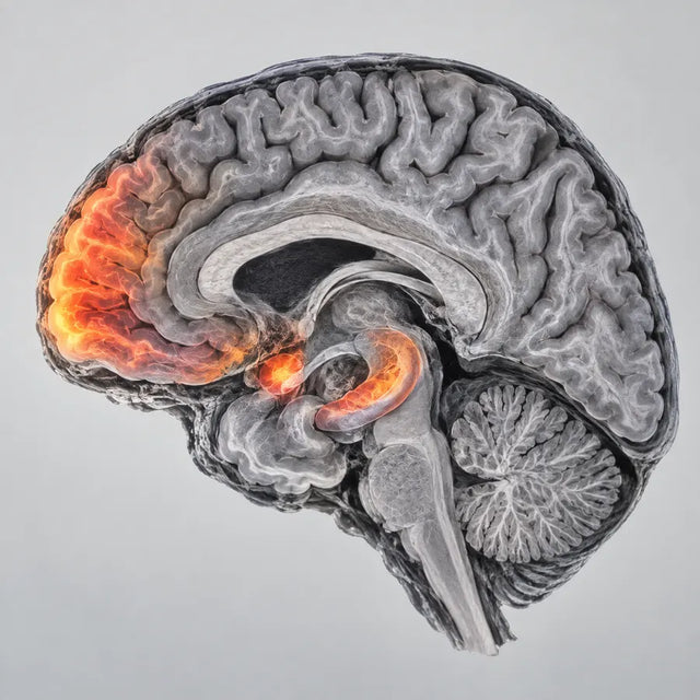 Ilustración de un cerebro con la zona relacionada con el estrés encendida