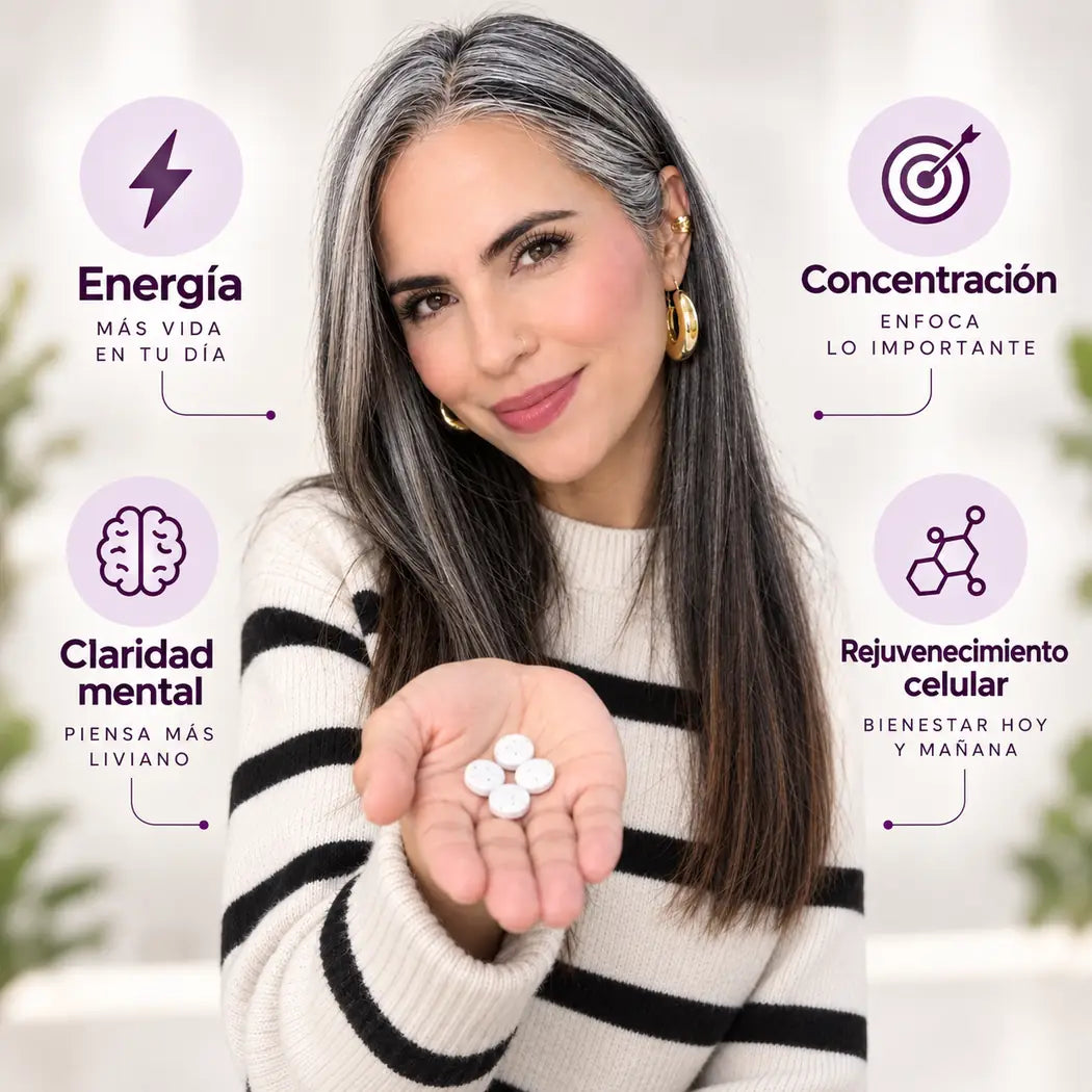 Mujer mostrando dulces duros de MIMANAD en la palma: energía, concentración, claridad mental y rejuvenecimiento celular