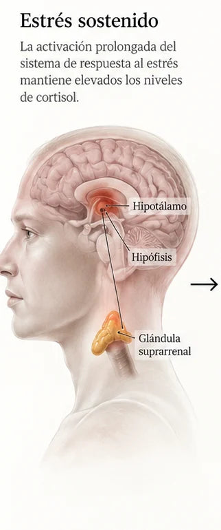 Estrés sostenido: la activación prolongada del sistema de respuesta al estrés mantiene elevados los niveles de cortisol
