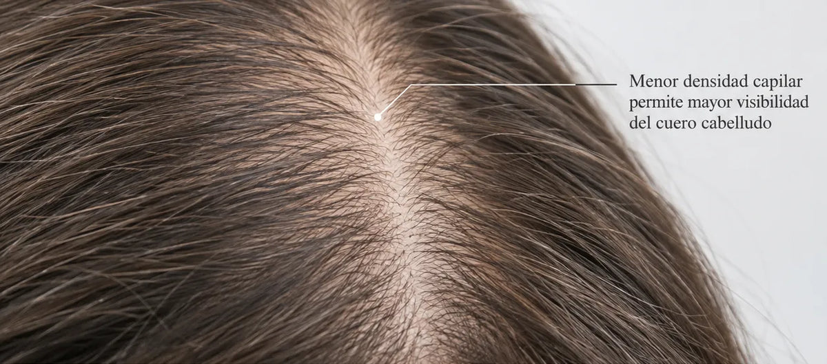 Vista cenital de una cabeza de cabello castaño con la raya ancha y el cuero cabelludo a la vista