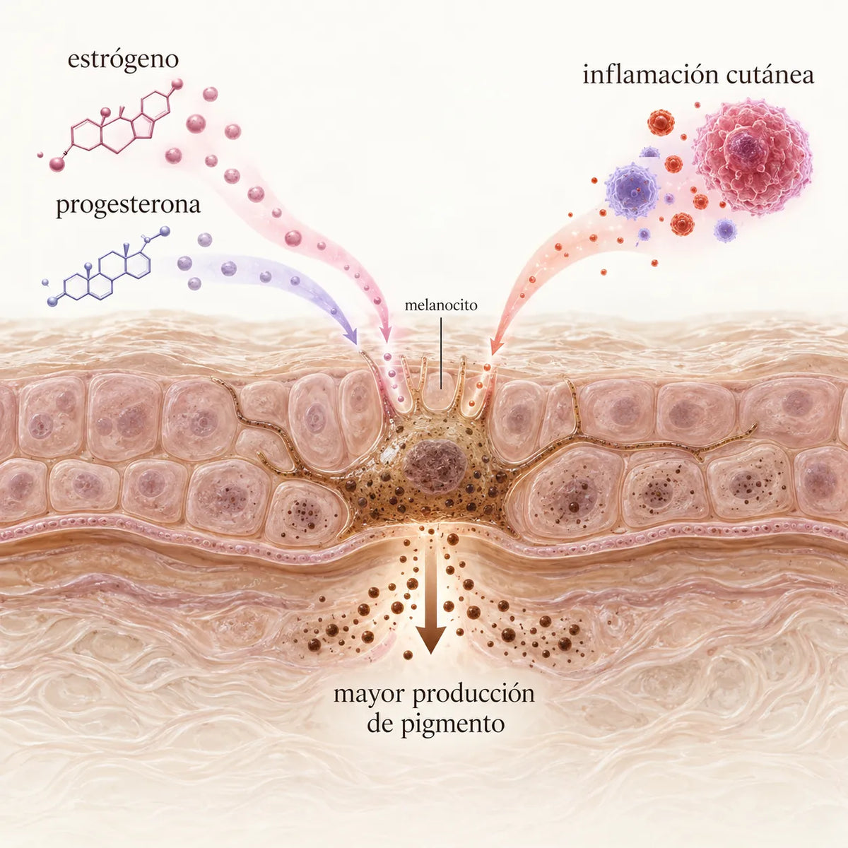 Estrógeno, progesterona e inflamación cutánea llegando al mismo melanocito, que produce más pigmento