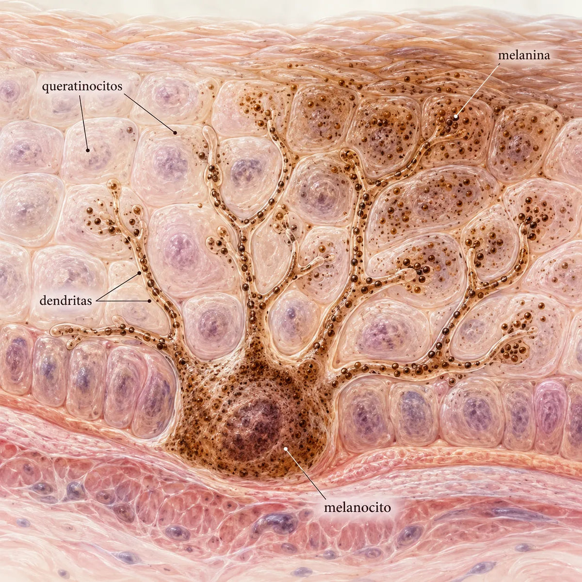 Un melanocito con sus dendritas repartiendo melanina entre los queratinocitos
