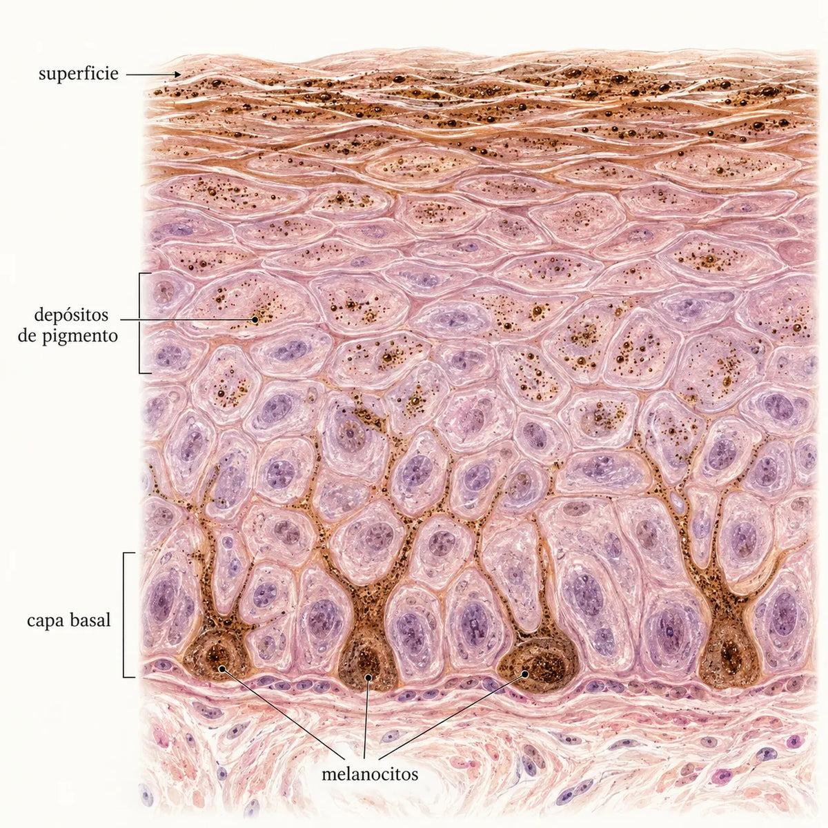 Corte de la epidermis con depósitos de pigmento que suben desde la capa basal hasta la superficie