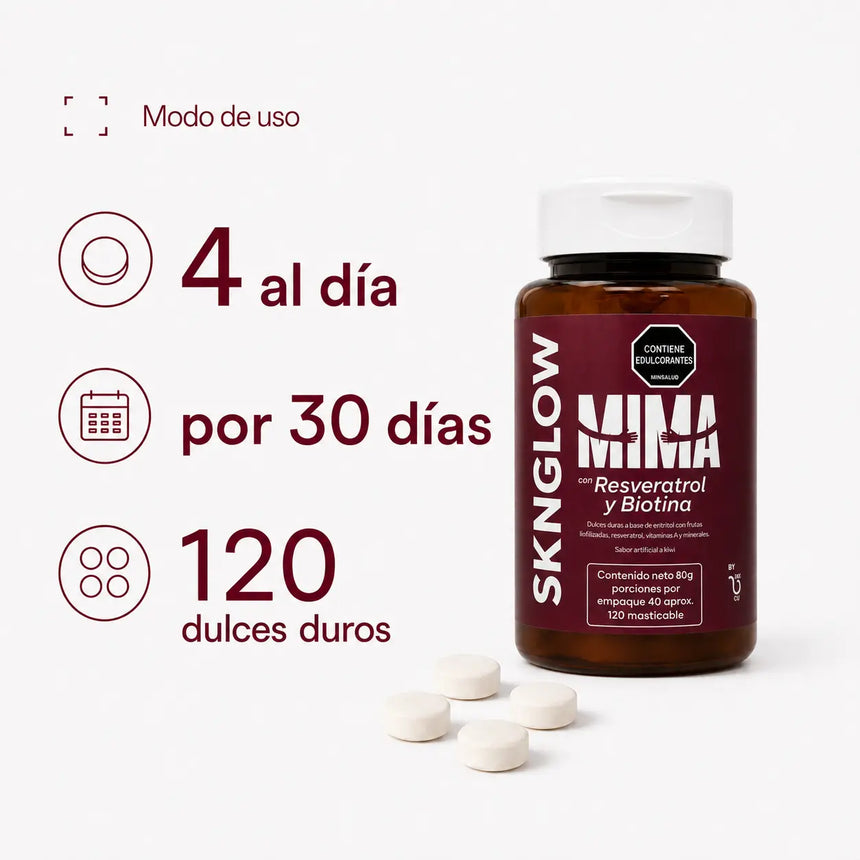 Modo de uso: 4 dulces duros al día durante 30 días, 120 por frasco