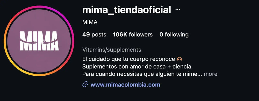 Perfil de Instagram de MIMA, @mima_tiendaoficial, con 106 mil seguidores