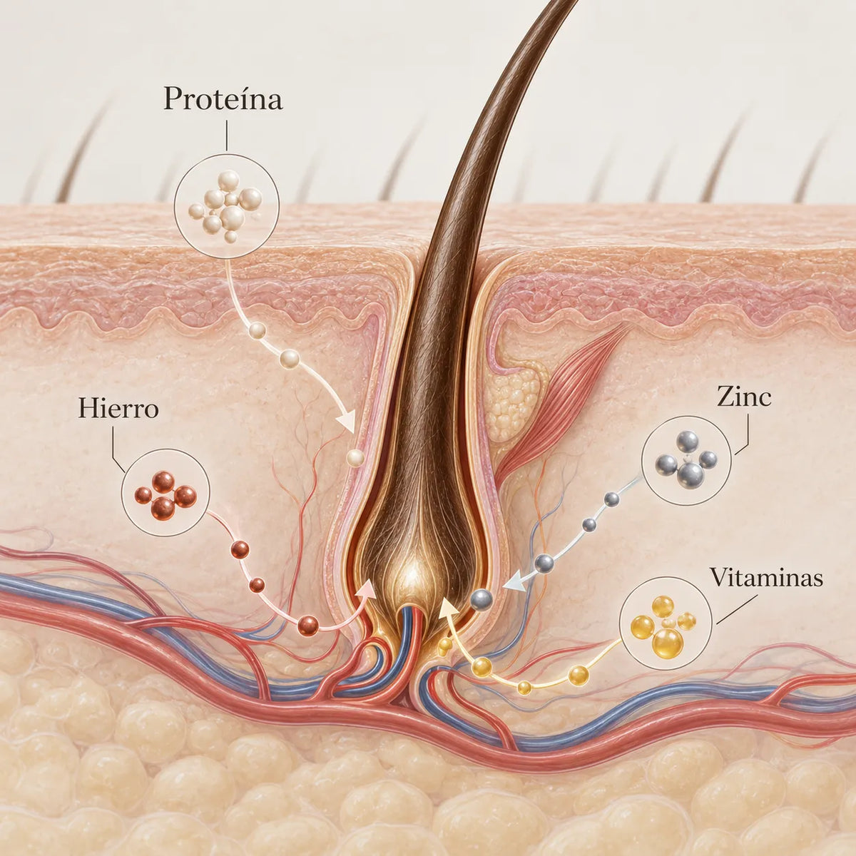 Corte de la piel con un folículo piloso al que llegan por la sangre proteína, hierro, zinc y vitaminas