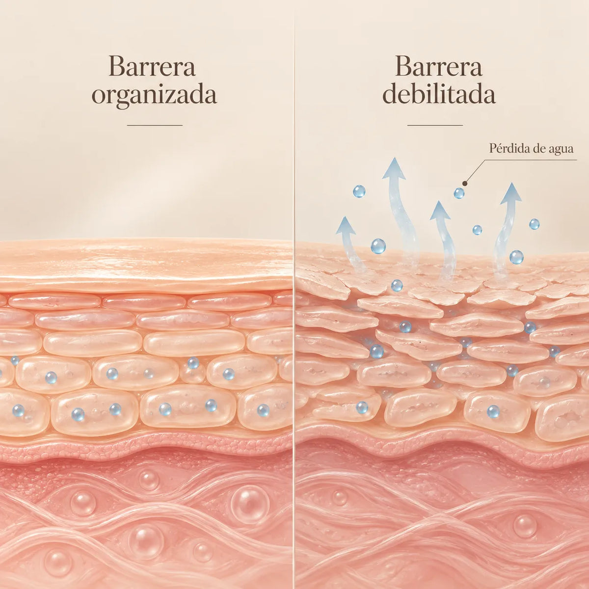 Comparación de la barrera de la piel: organizada, con las células alineadas y el agua retenida, y debilitada, con las células separadas y pérdida de agua