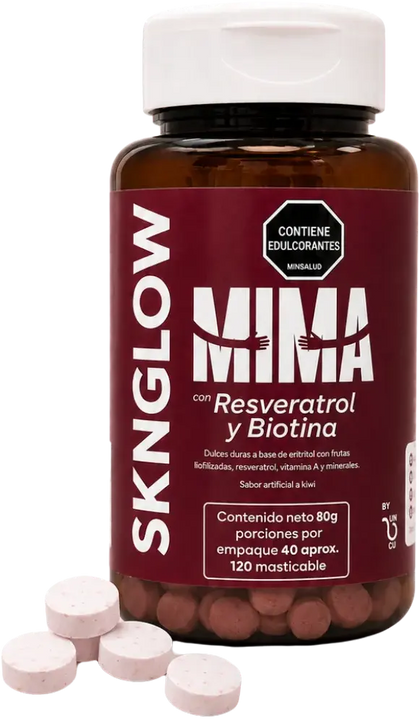 Frasco de Sknglow de MIMA, con Resveratrol y Biotina, junto a cuatro dulces duros